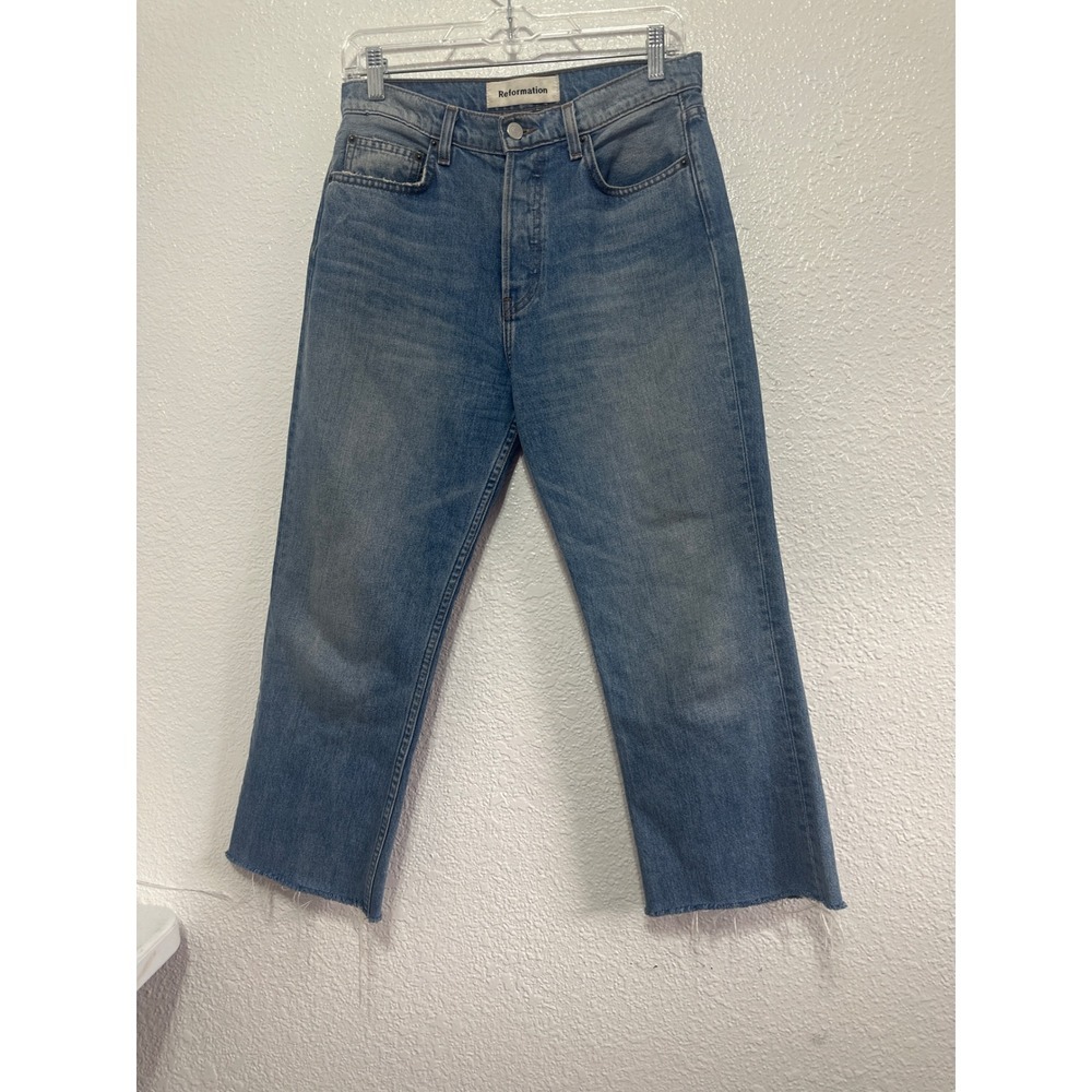 Reformation Jordi Kick Flare Jeans Arches Wash Blue High Rise Raw Hem Size 27